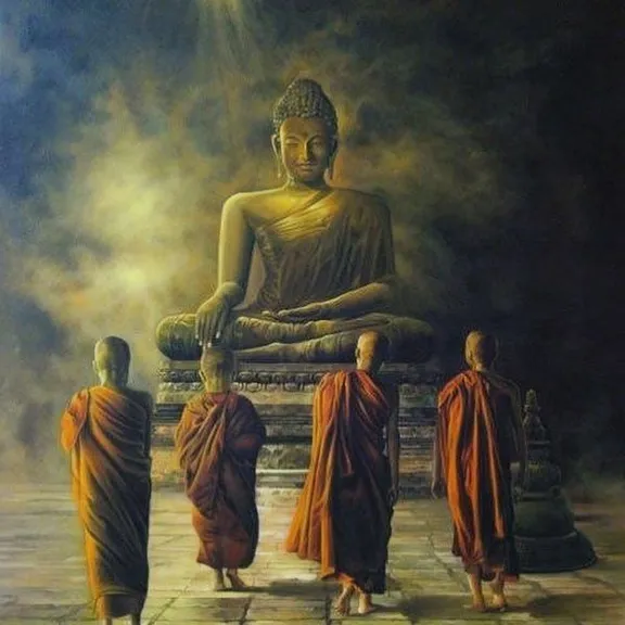 a painting of three monks standing in front of a buddha statue