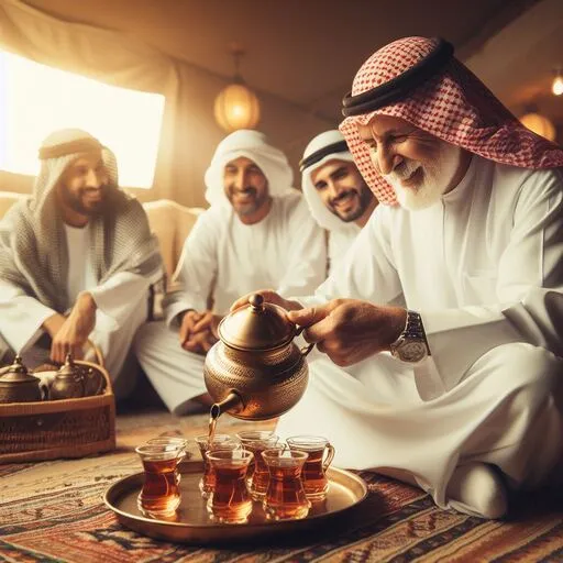 a group of men sitting around a tray of drinks