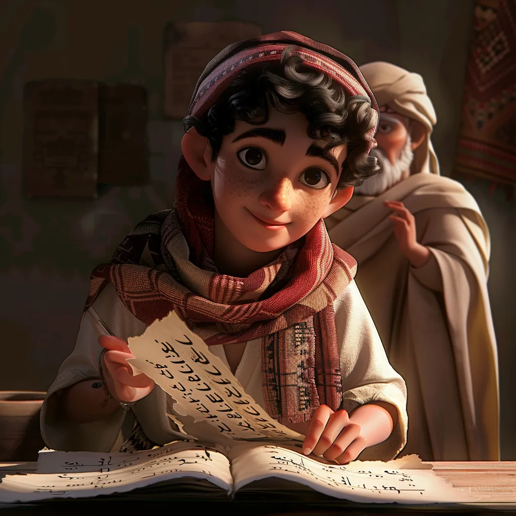 a jewish boy character holding a piece of paper in front of a book