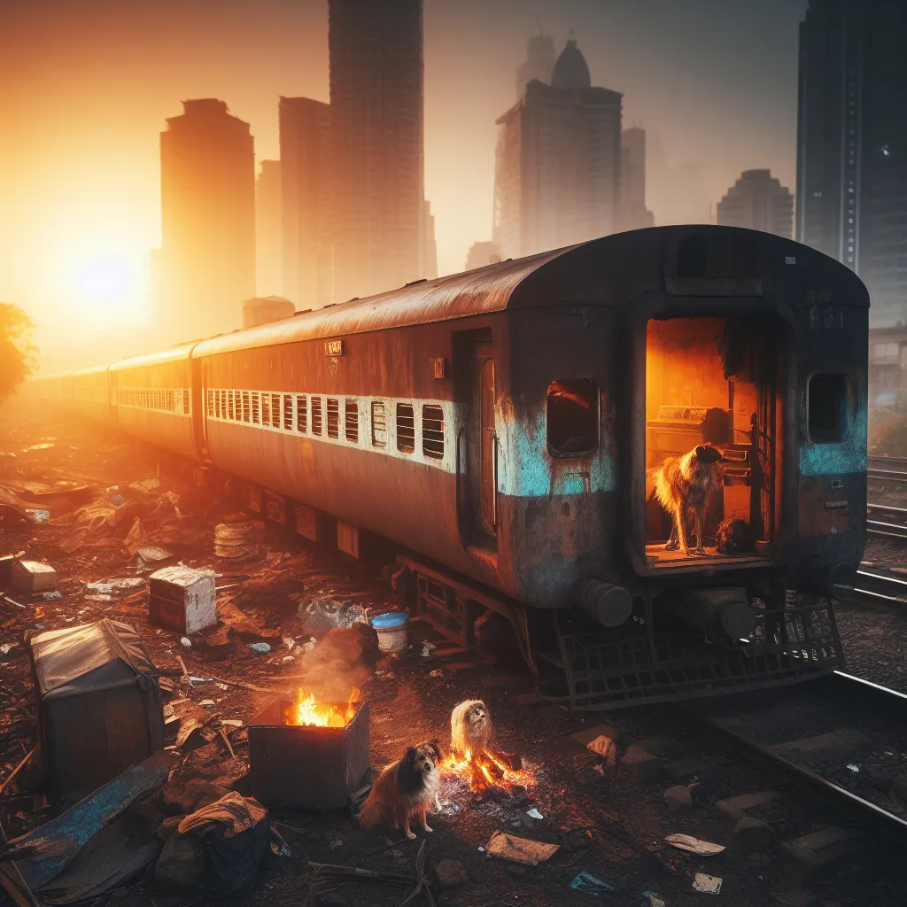 A drone shot of abandoned rusty train with sound of ghost or demon whispers in the background