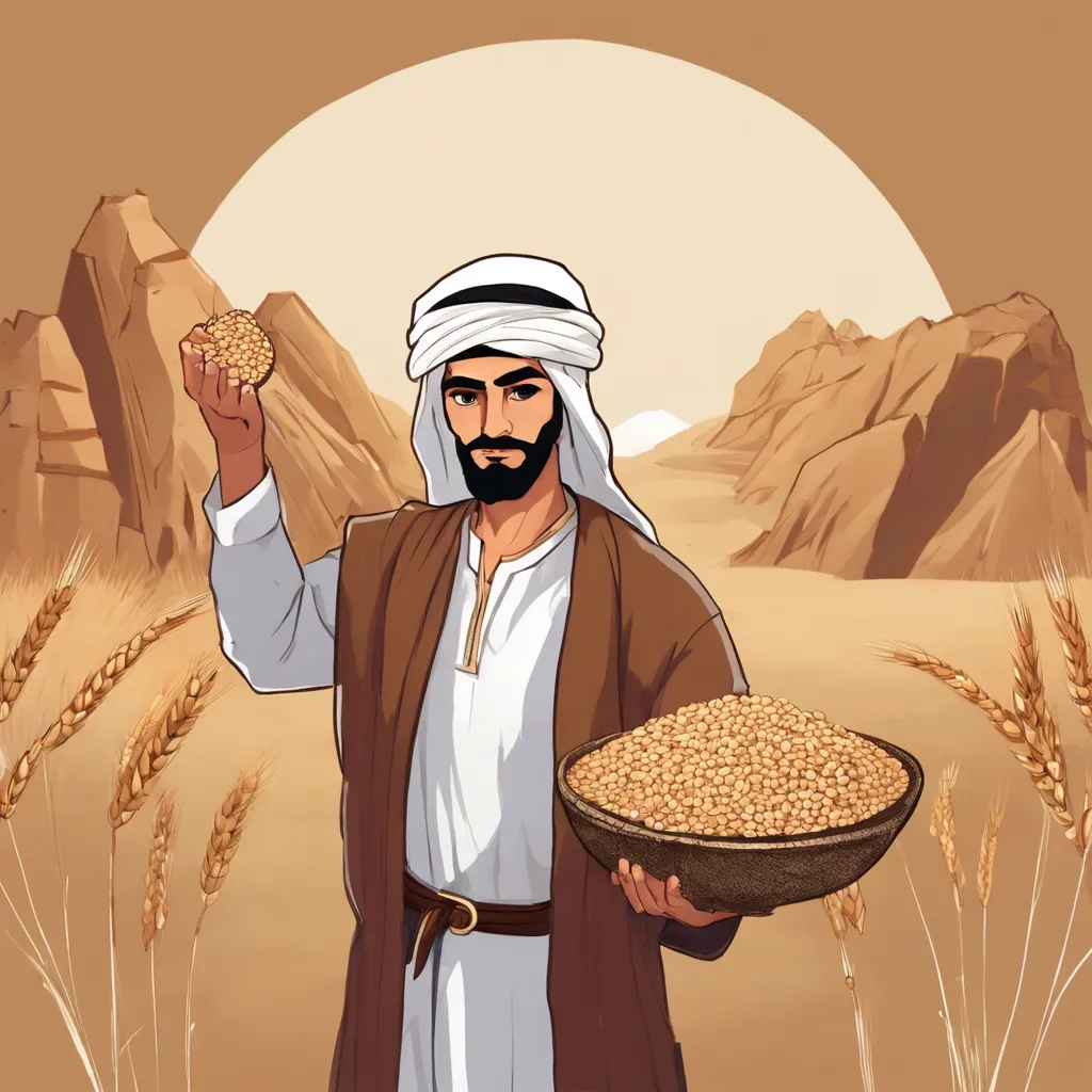 a cartoon of a man holding a bowl of wheat