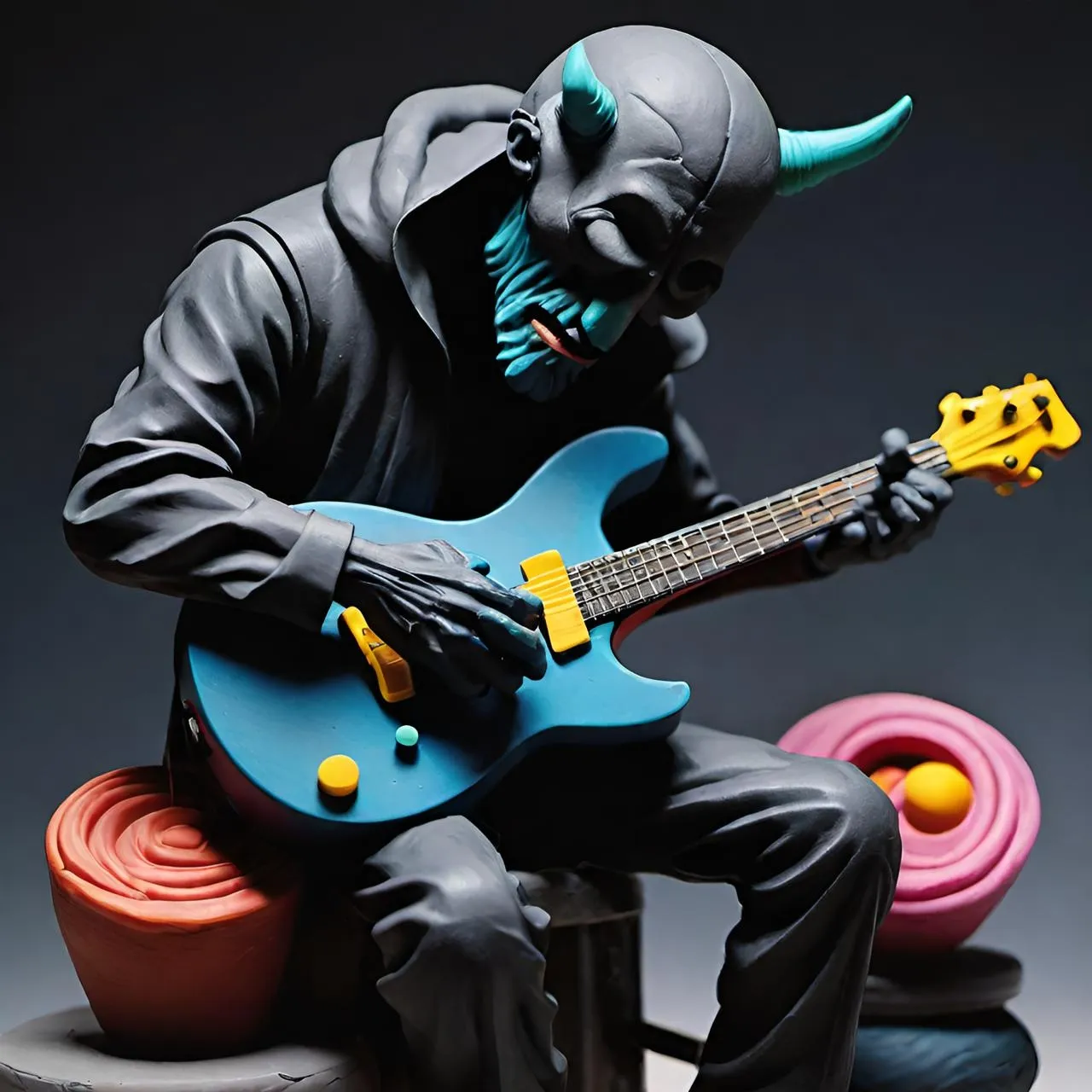 a statue of a man playing a blue guitar