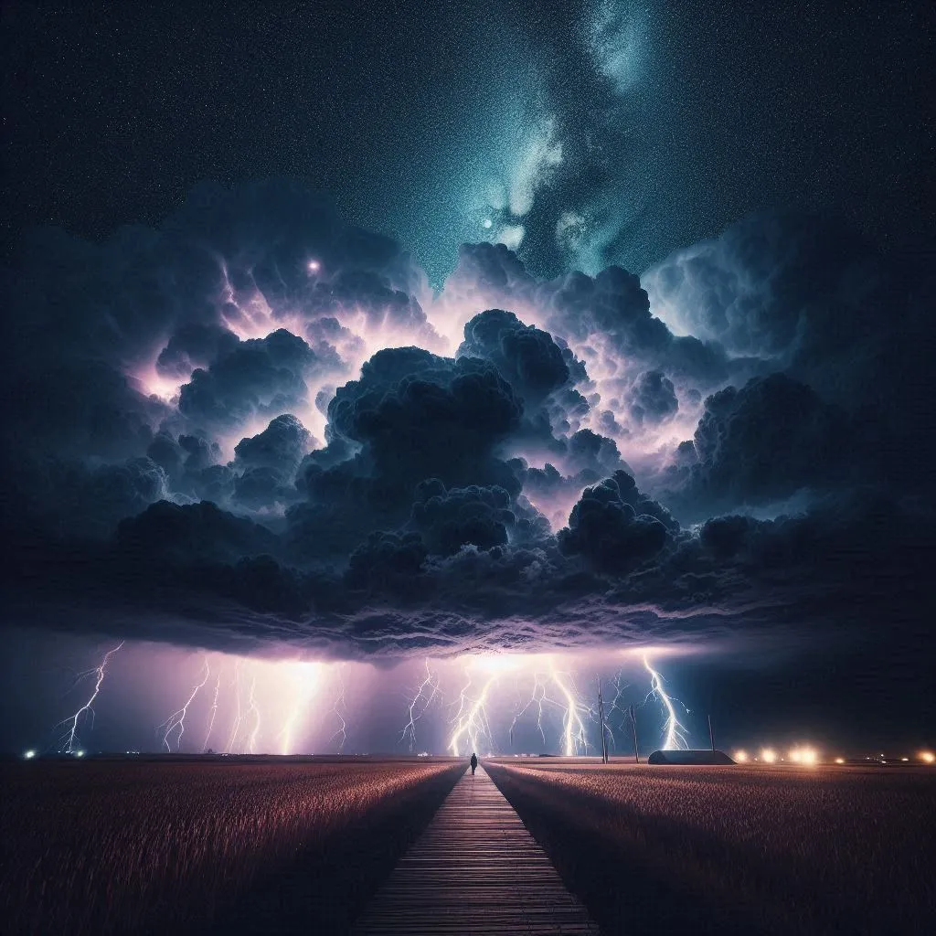 Wide shot of a thunderstorm approaching, with dark clouds rolling in and lightning flashing in the distance.