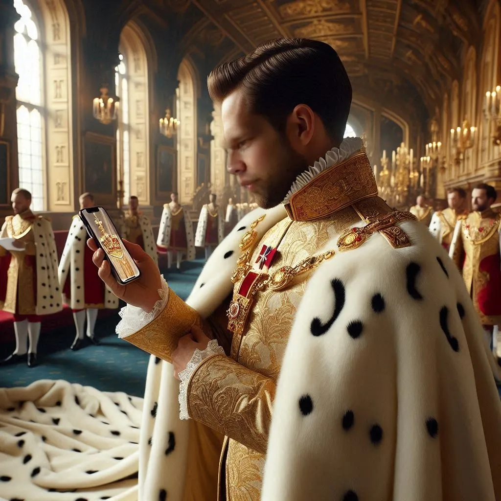 a czar in a gold and white coronation mantle at a cell phone