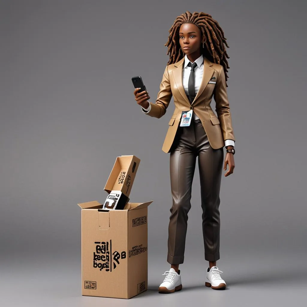 a woman holding a cell phone next to a cardboard box