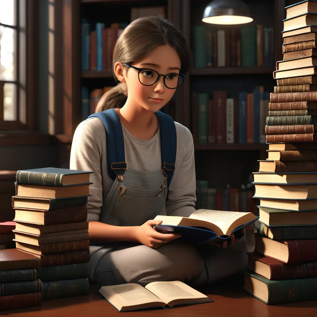 a girl sitting on the floor next to a pile of books