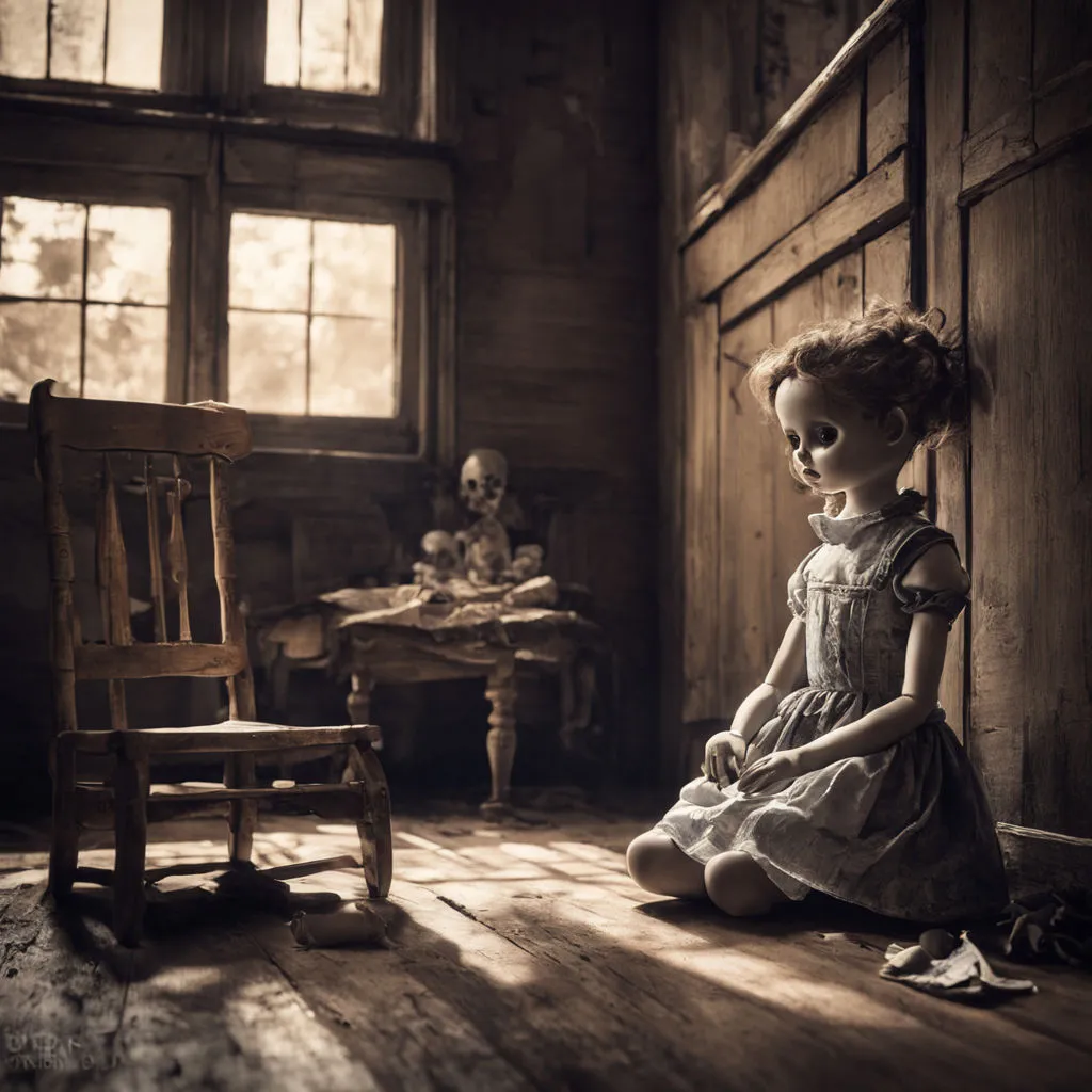 The doll sitting alone in an empty, dark house, with an eerie atmosphere suggesting its lingering malevolence.