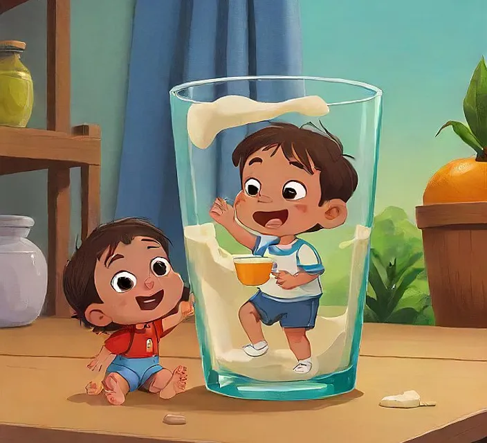 a boy and a girl standing in front of a glass of milk