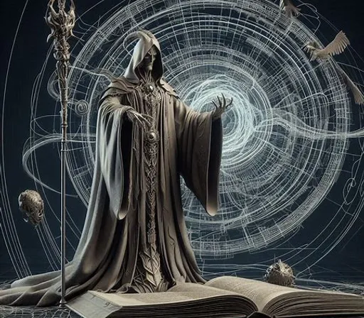 a statue of a wizard holding a staff and a book