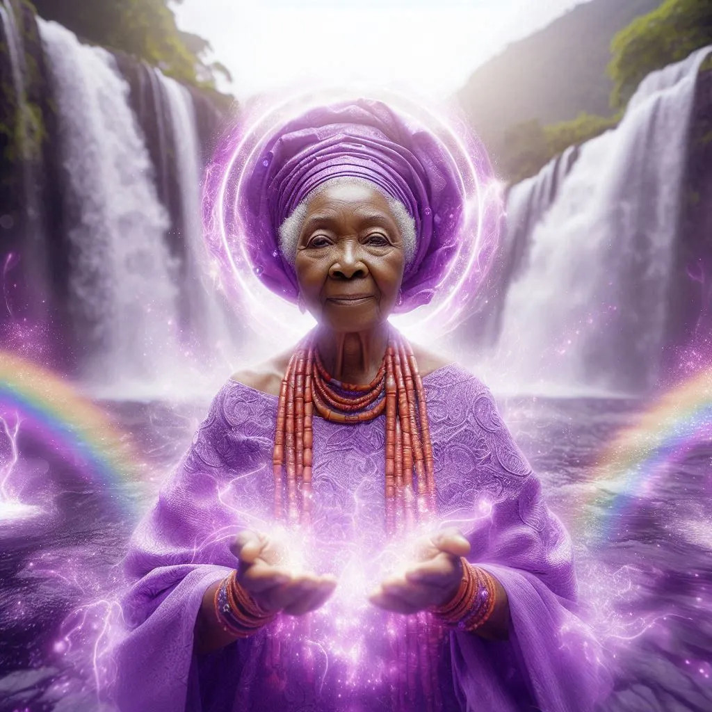 a woman in a purple outfit standing in front of a waterfall