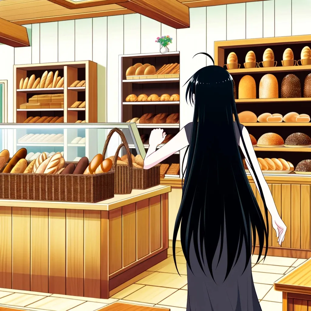 a woman standing in front of a bakery filled with bread