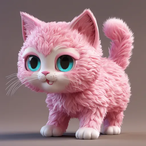 a close up of a pink cat with big blue eyes