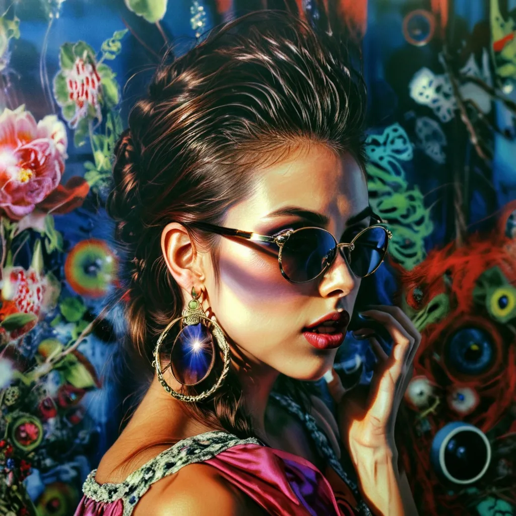 a painting of a woman with sunglasses on her face