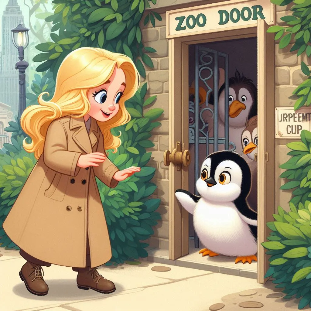 a woman standing in front of a door next to a penguin