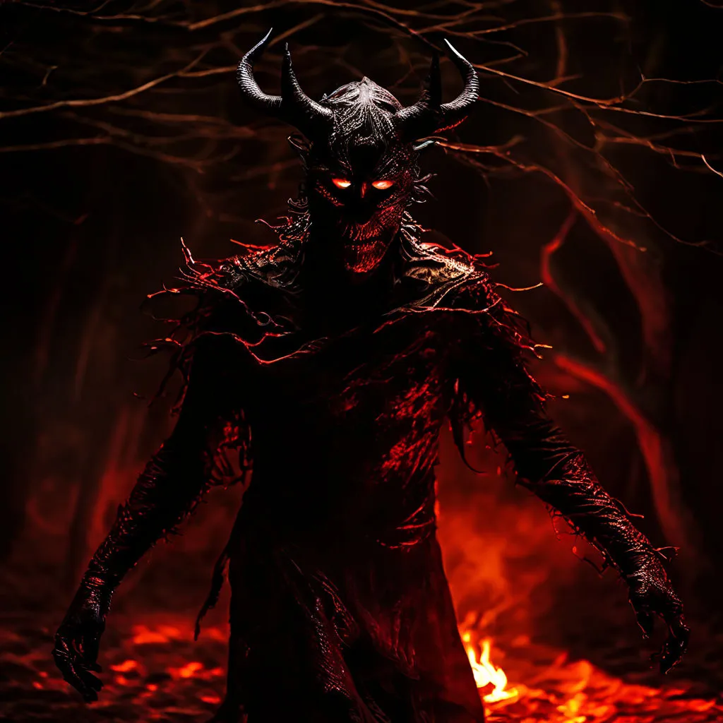 a demonic demon standing in front of a fire