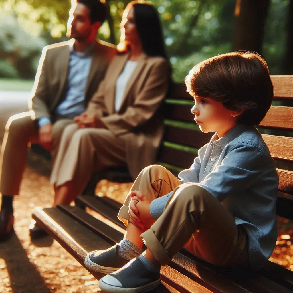 Quiet and reflective moments as the child sitting on a park bench with his parents nearby contemplates his journey and looks ahead with confidence.