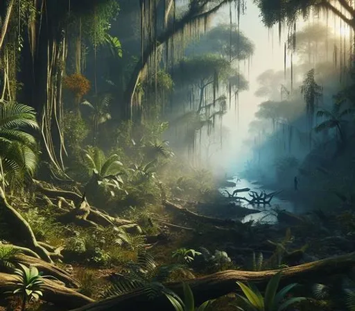 a painting of a jungle scene with a stream