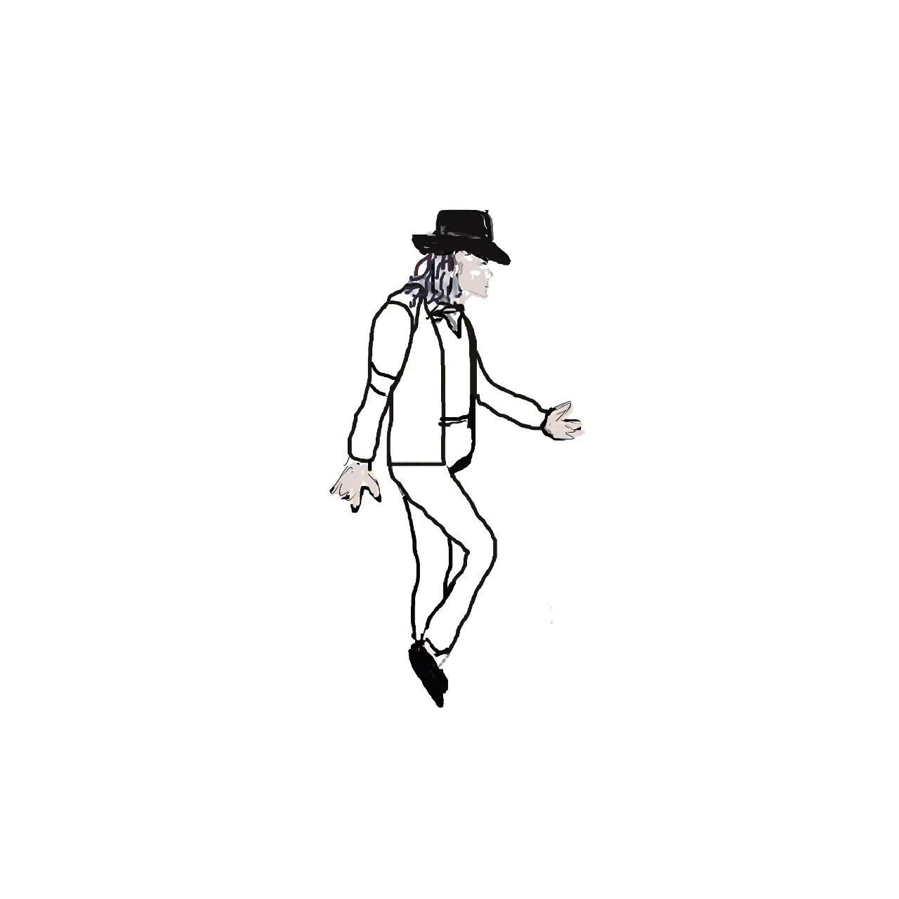 a black and white drawing of a man wearing a hat and dancing moonwalk like michael jackson