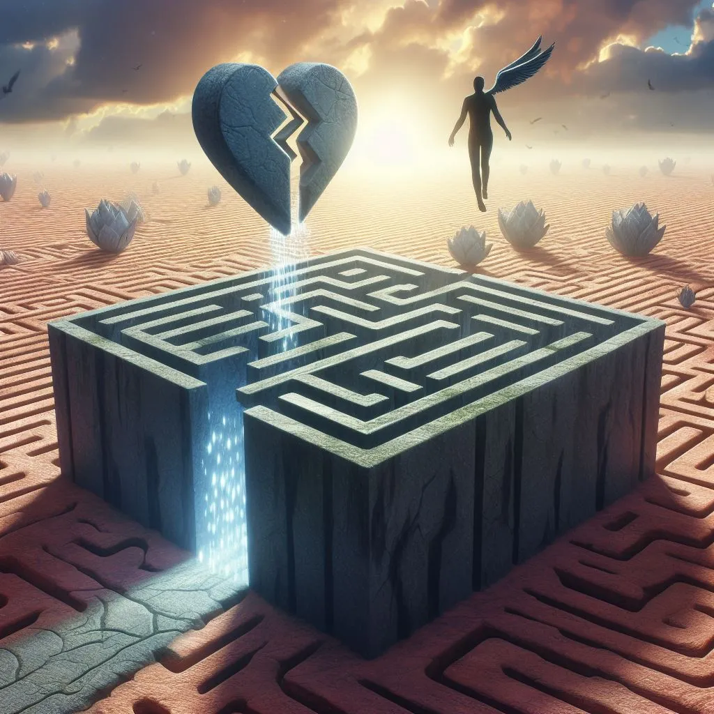 A symbolic journey through a maze or labyrinth, representing the emotional struggle to find peace and closure.