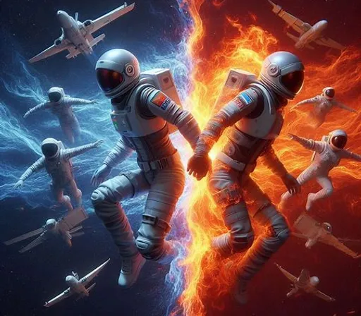 a group of people in space suits flying through the air