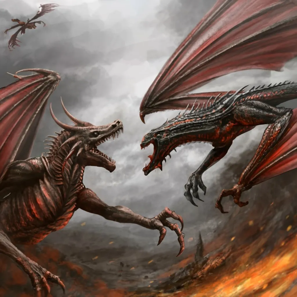 a couple of red dragon fighting over a fire