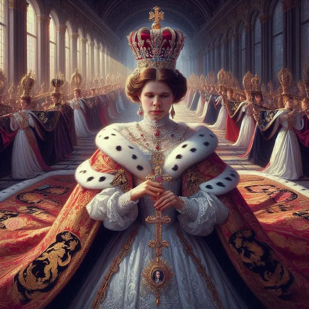 a painting of a woman empress in a white dress with a crown on her head coronation robes big train