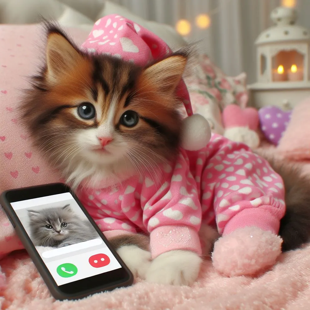 a kitten in pajamas is holding a cell phone