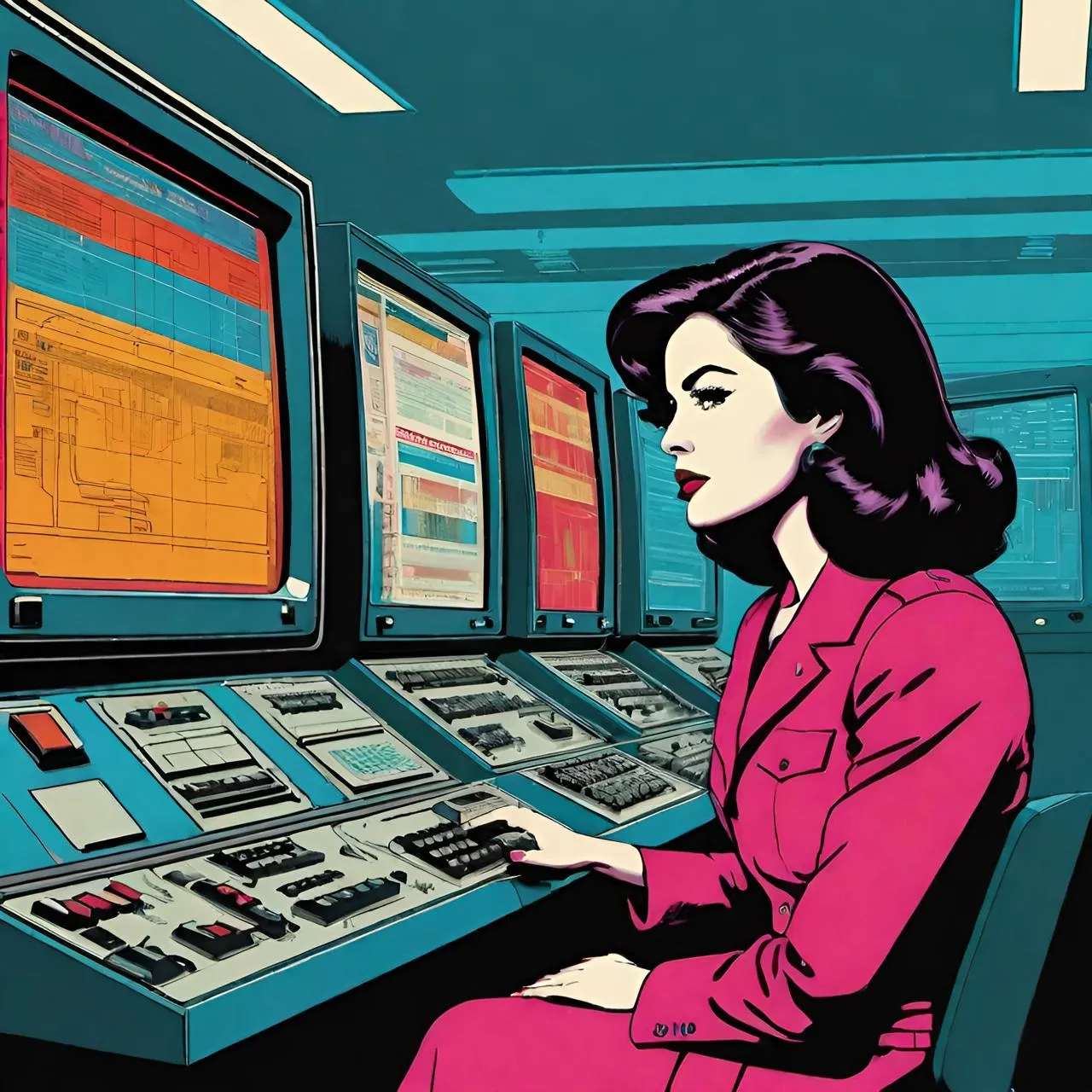 a woman sitting in front of a control panel