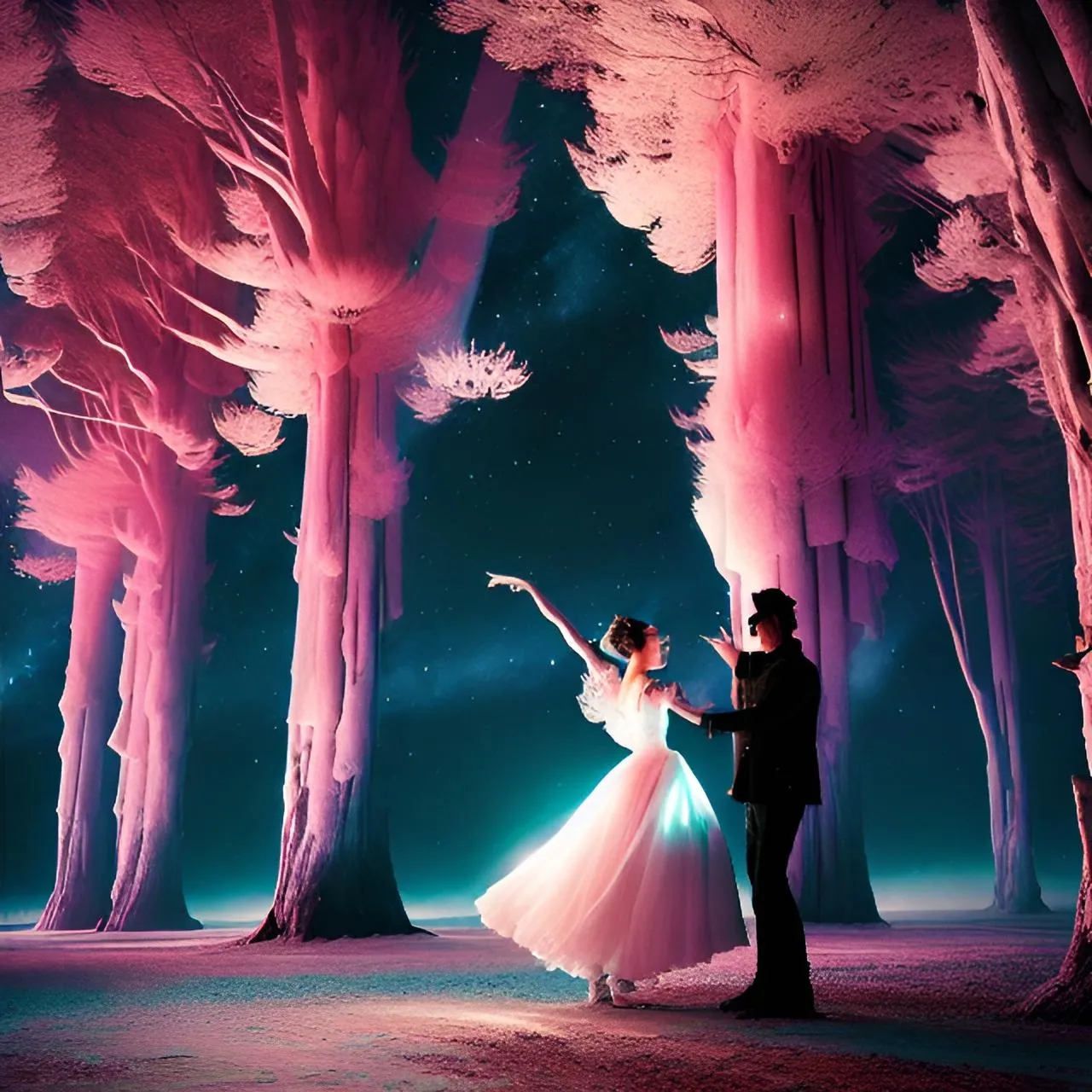 a man and a woman standing in front of trees