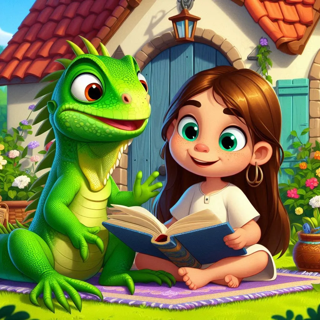 a girl reading a book next to a lizard