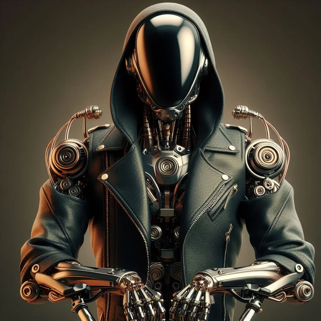 a futuristic man in a leather jacket and gloves