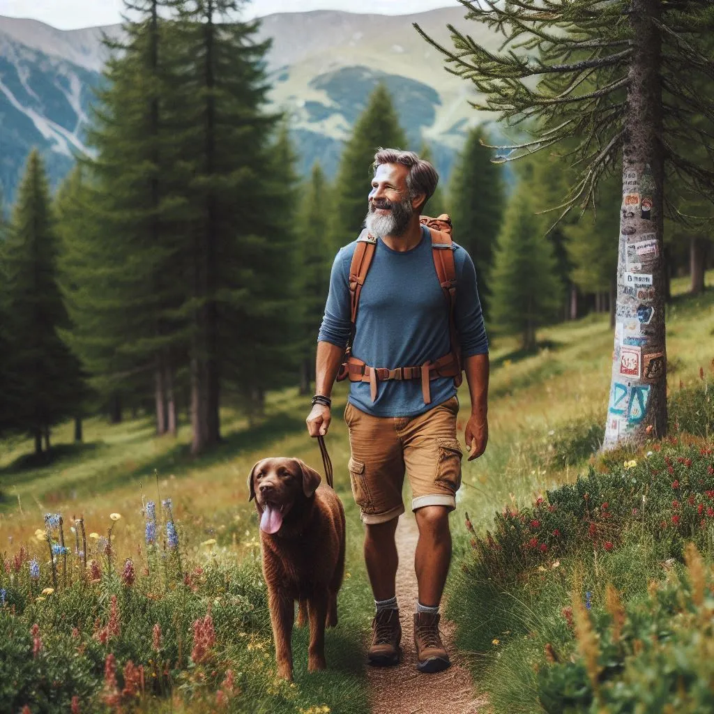 a man with a beard walking with a dog on a trail