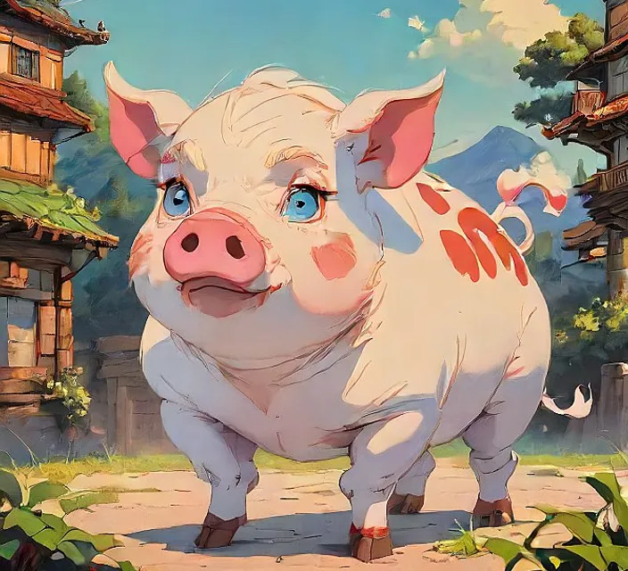 a pig standing in front of a village