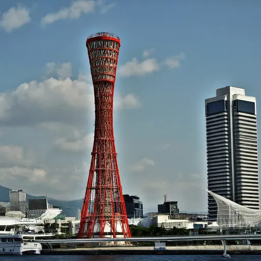 a tall red tower next to a body of water