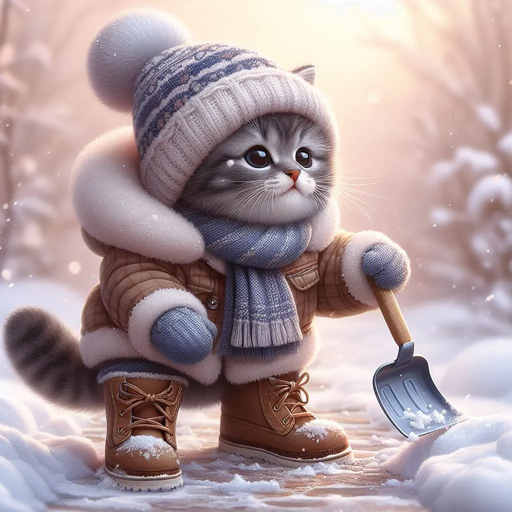 a painting of a cat with a hat and scarf holding a shovel