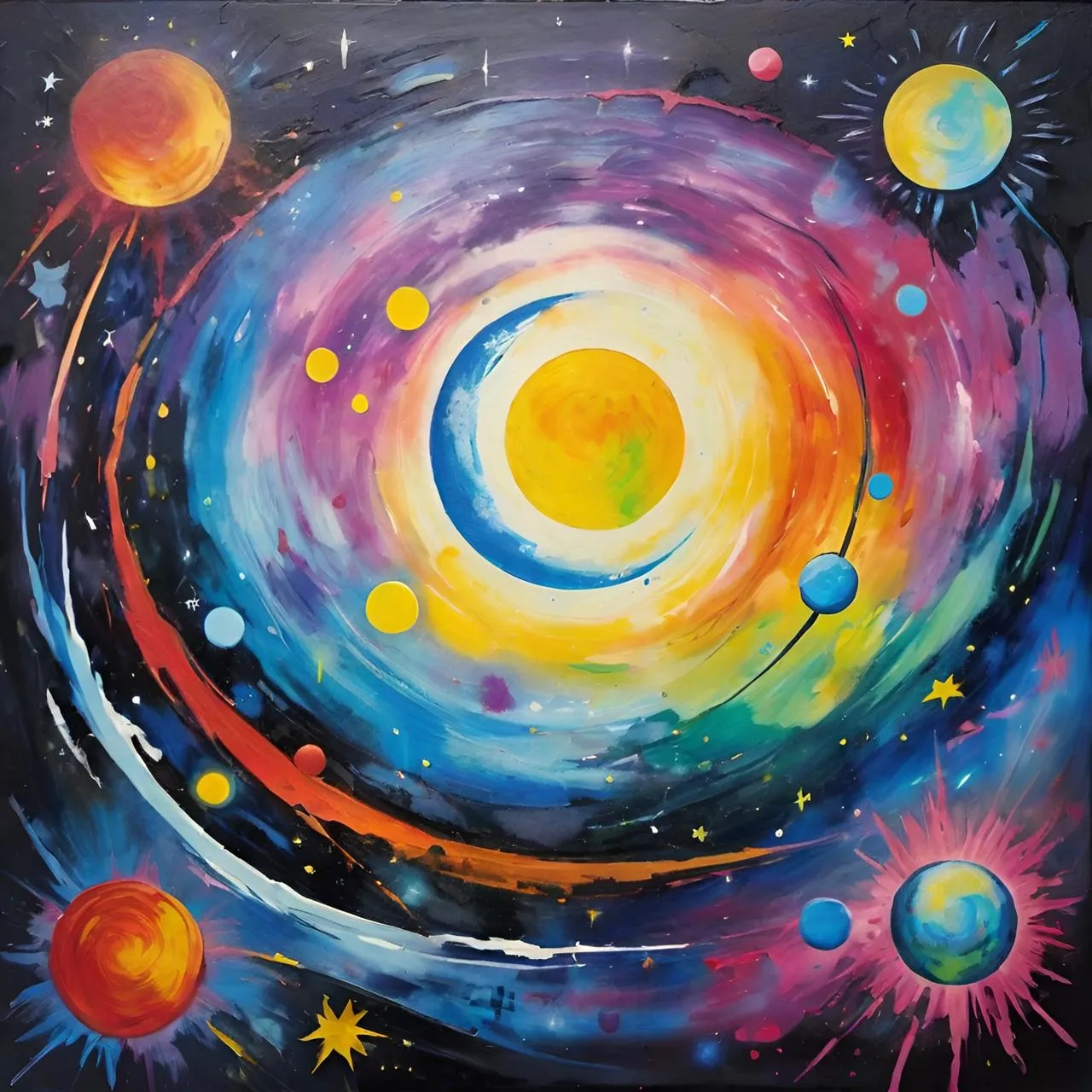 a painting of a colorful space filled with stars and planets