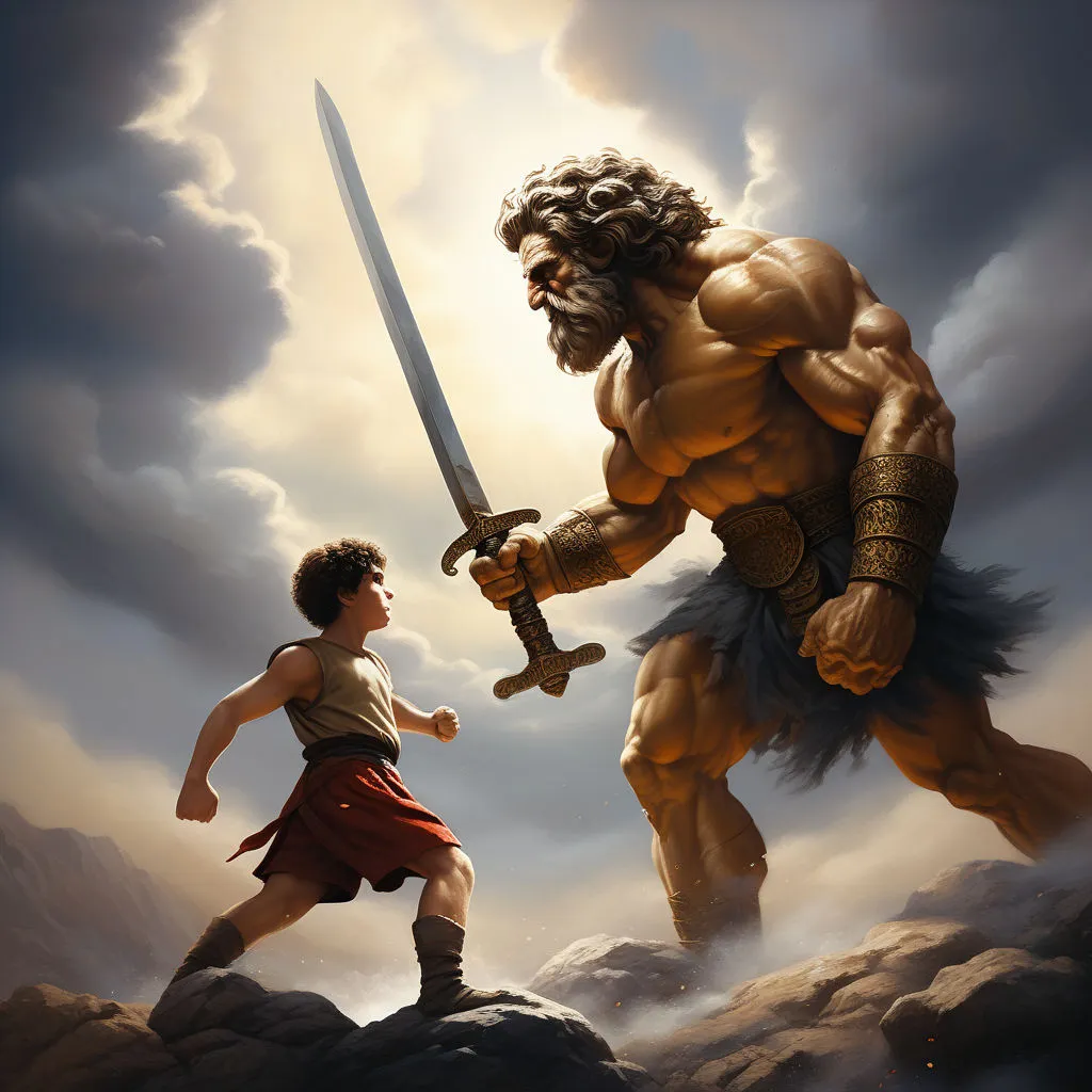 a painting of a man holding a sword next to a giant monster