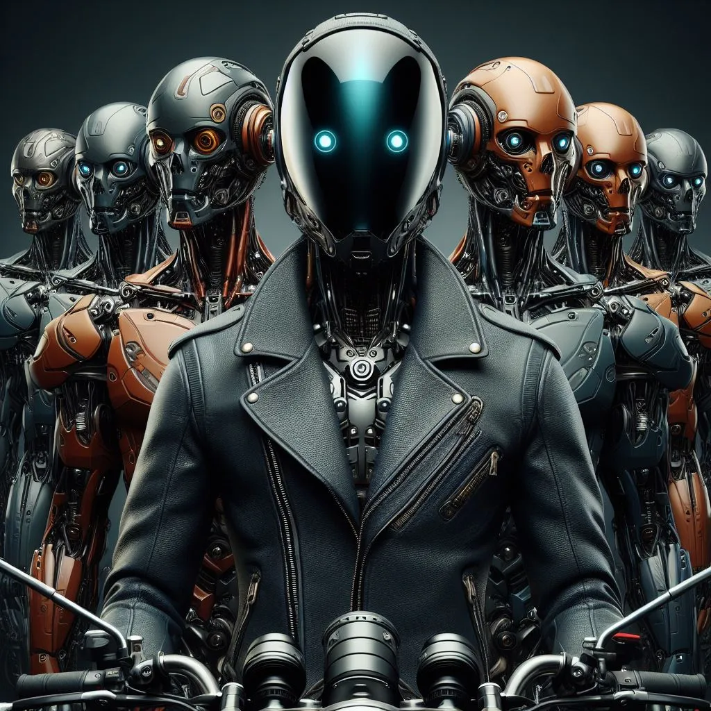 a man in a leather jacket standing in front of a group of robots