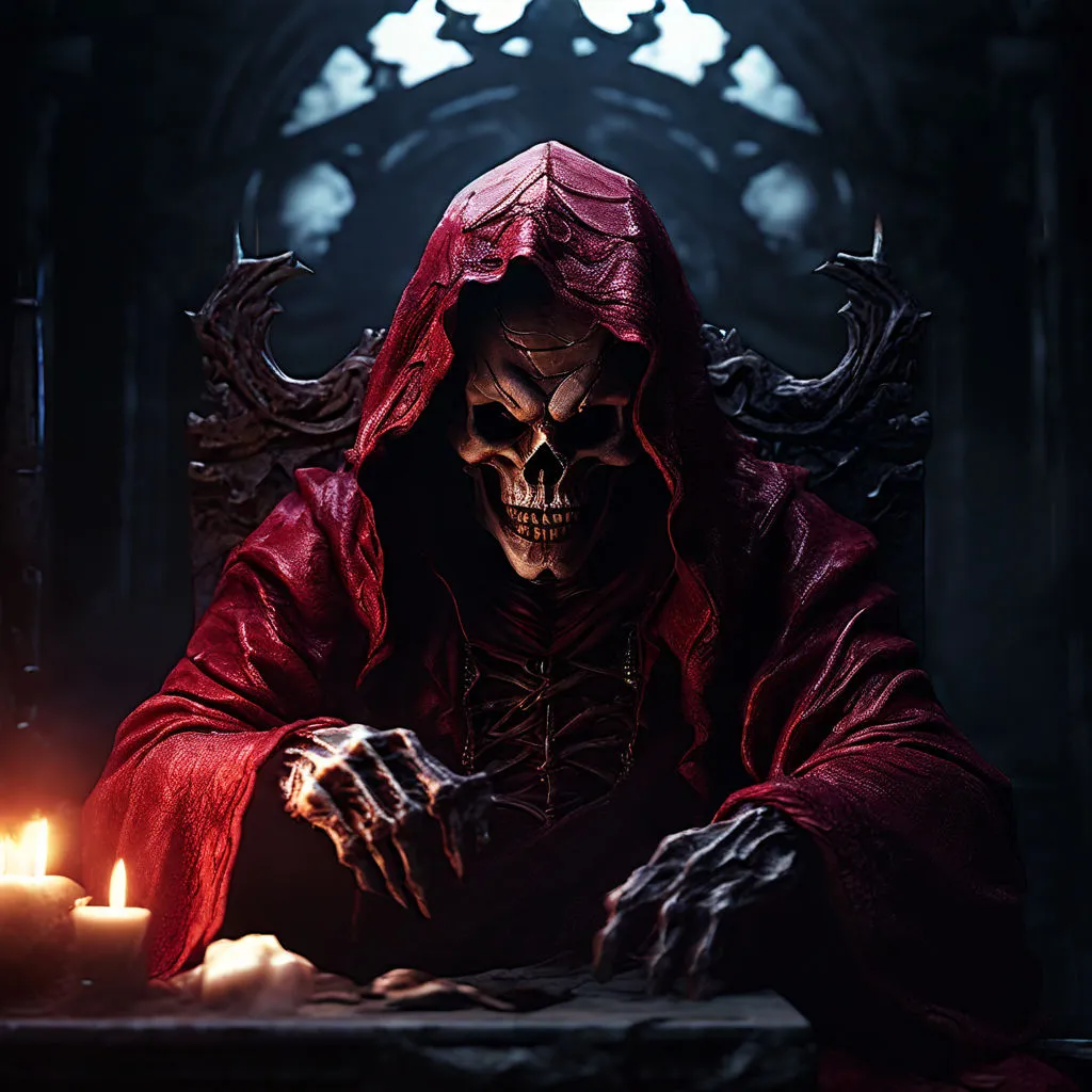 a skeleton sitting in a chair with a candle in front of him