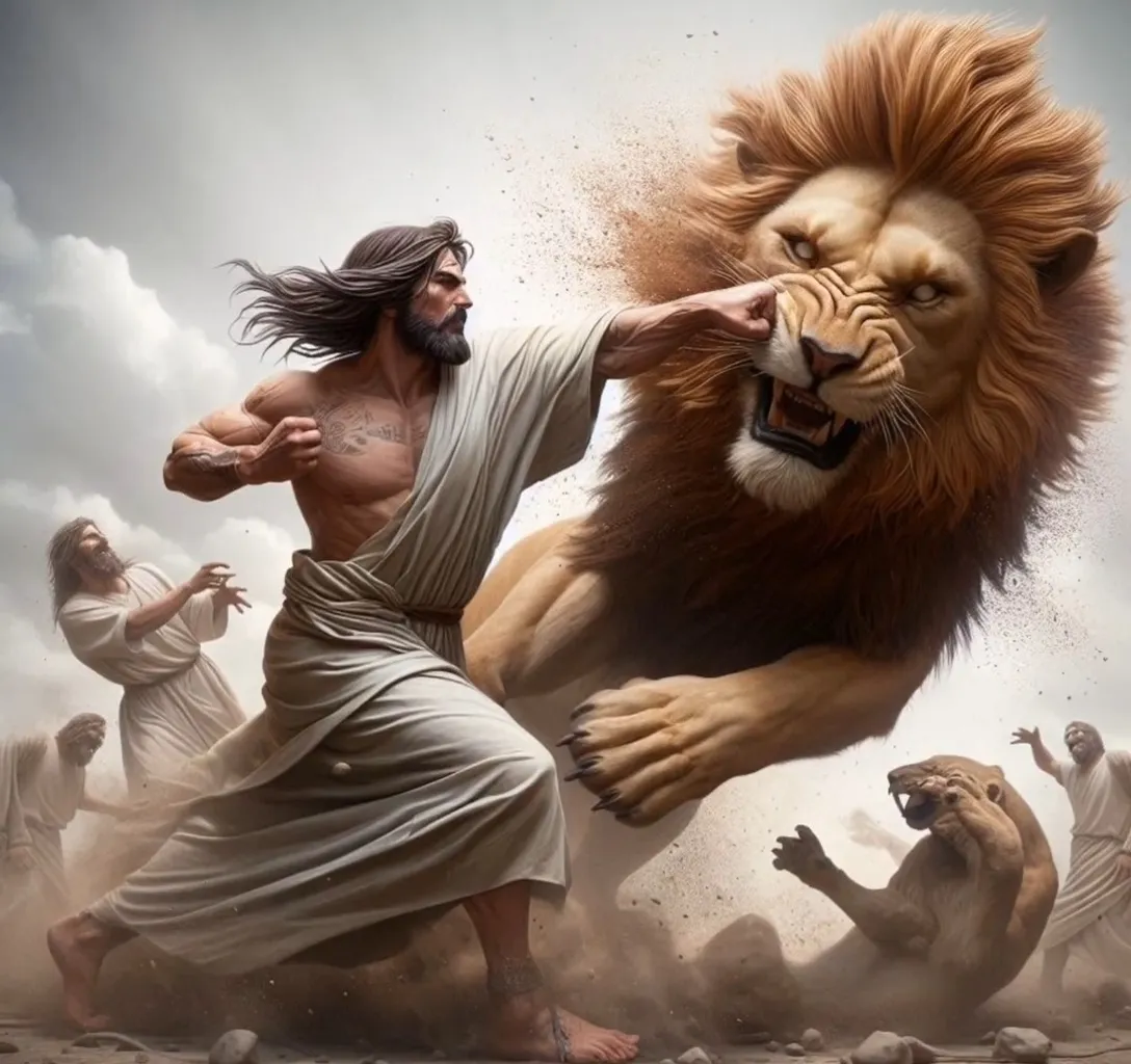 a god fighting versus lion