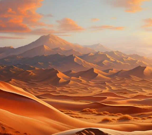 a painting of a desert with a mountain in the background