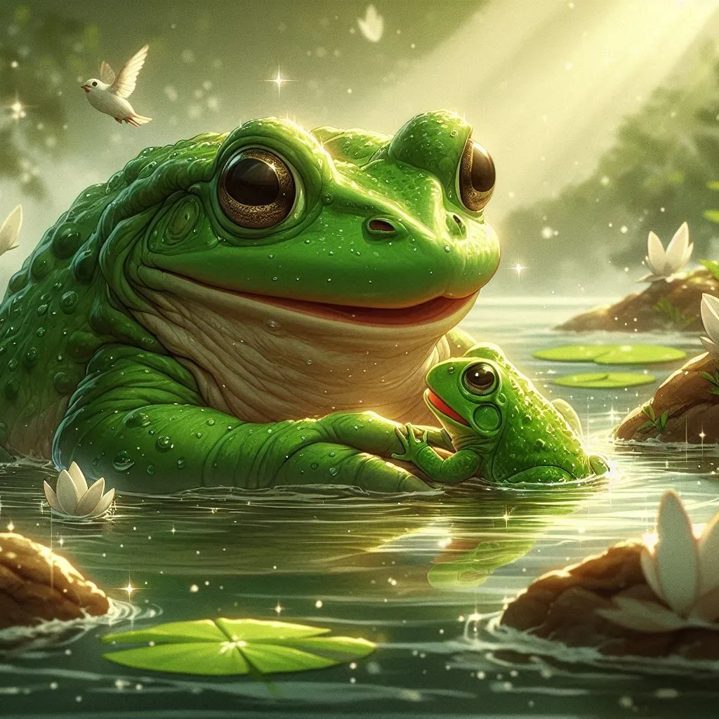 a painting of a frog and its baby in a pond