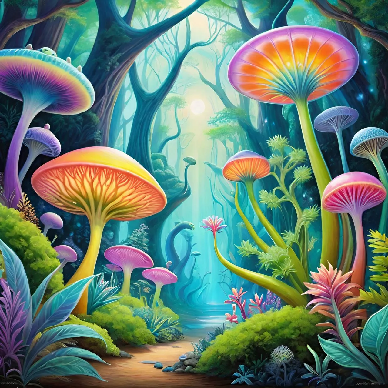 a painting of a forest with lots of mushrooms