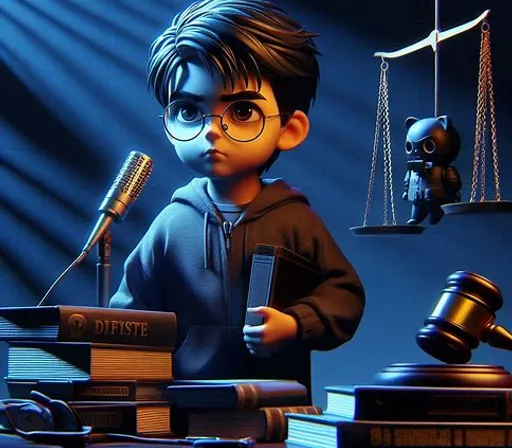 a young boy holding a book and a microphone in front of a scale of justice