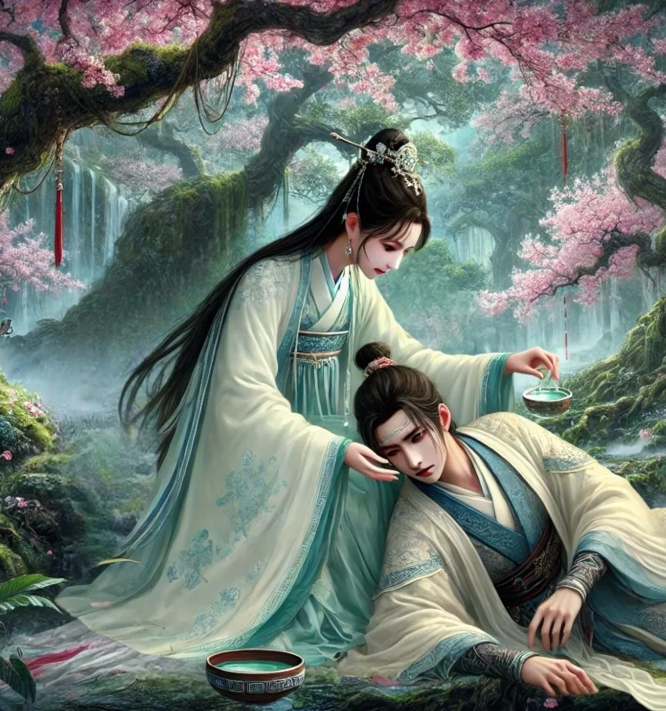 This is a Chinese ancient story, a romantic moment. The girl takes care of the guy. In the forest, all the trees are behind them, the trees' flowers flowing with the wind., advertising style