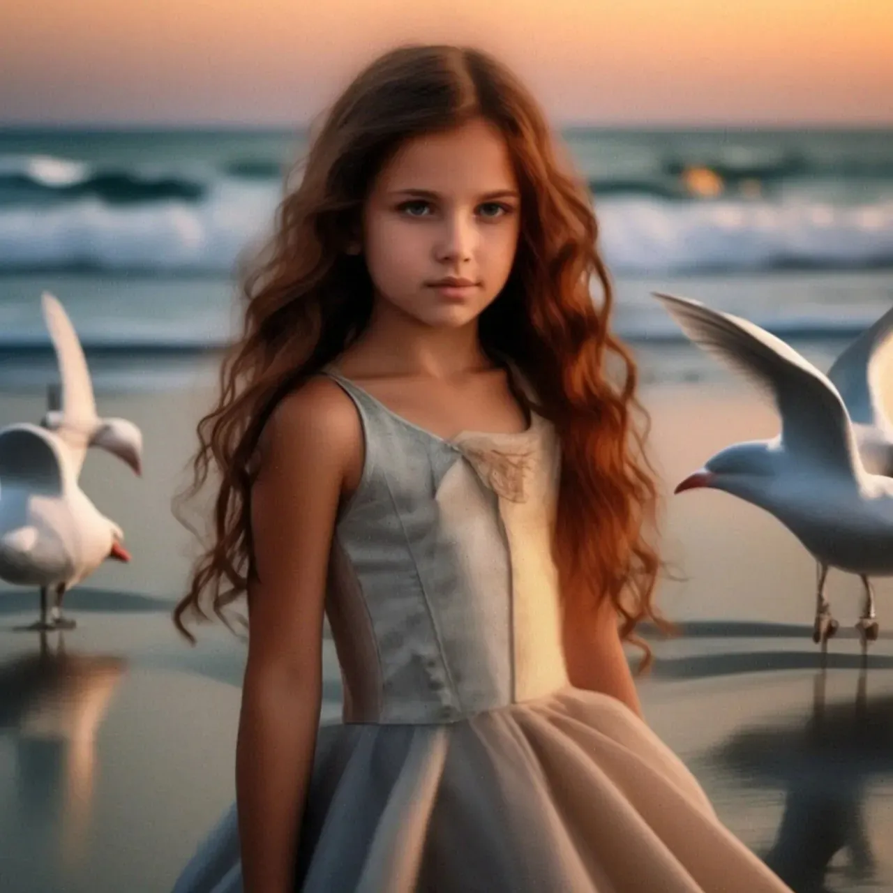 a little girl standing on a beach next to seagulls