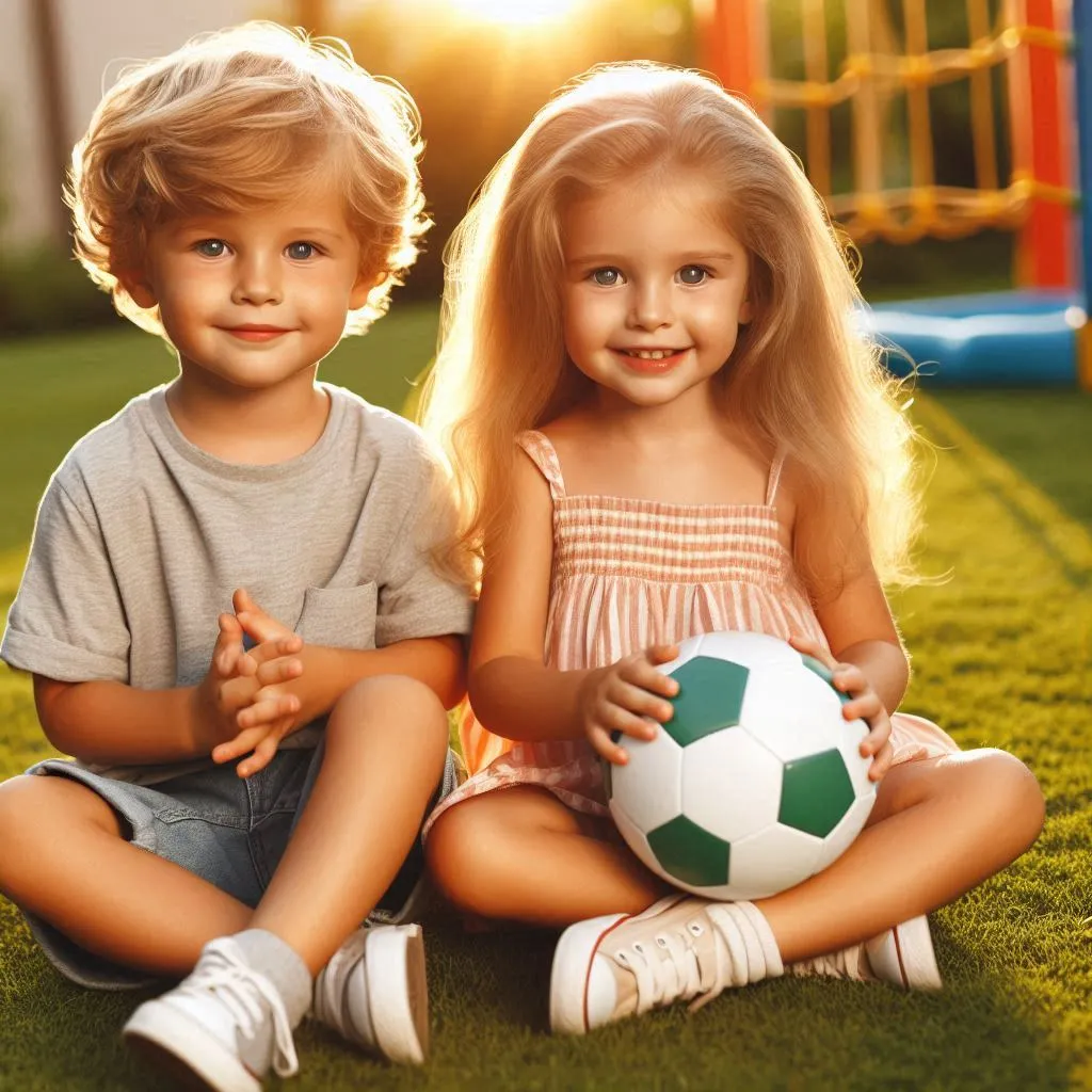 two children sitting on the grass with a soccer ball