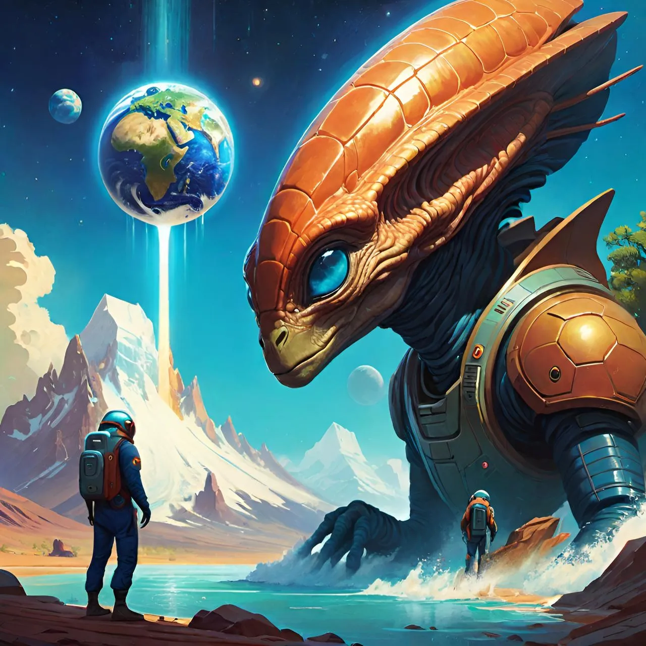 a painting of a man standing in front of a giant alien