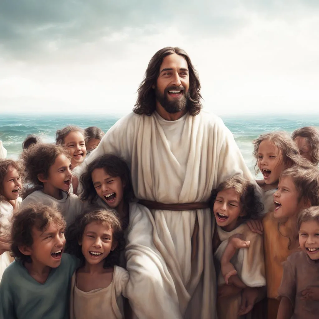 a painting of jesus surrounded by children