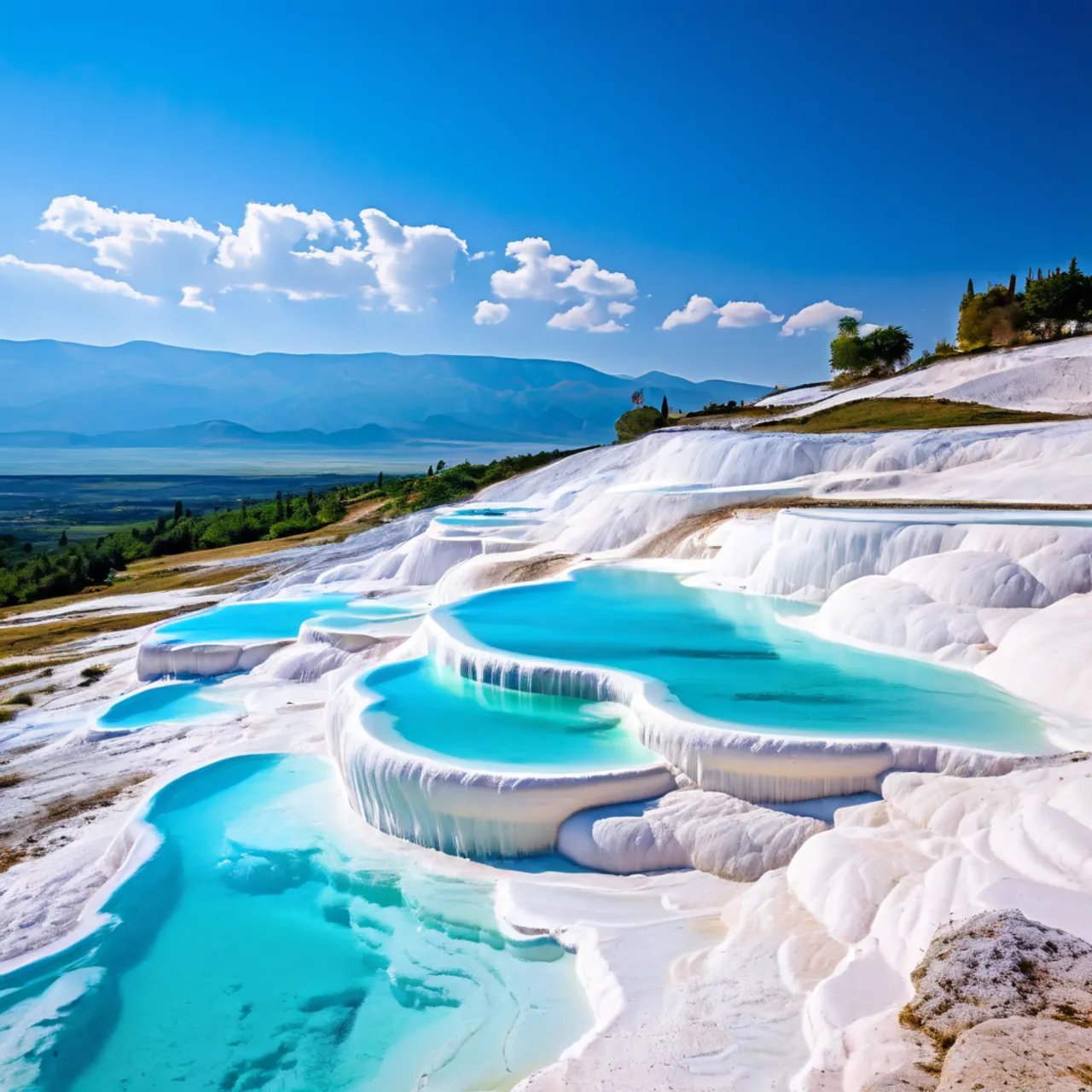 a group of blue and white pools in the desert